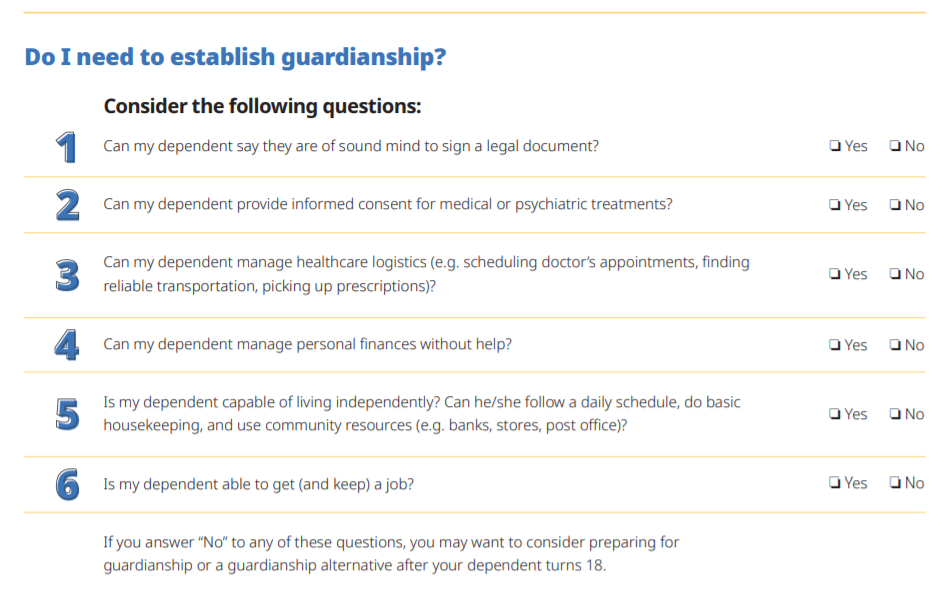 A checklist of six yes or no questions with the title, Do I need to establish guardianship? Click or tap to download the full PDF checklist